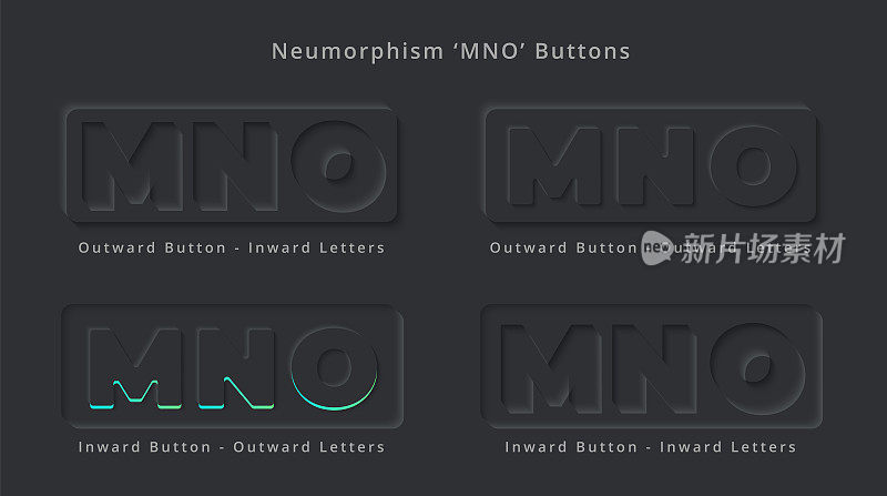 字母M N O拟物化和neuomorphism UI矩形按钮设计优雅的现代3D效果Logo或应用程序缩略图符号